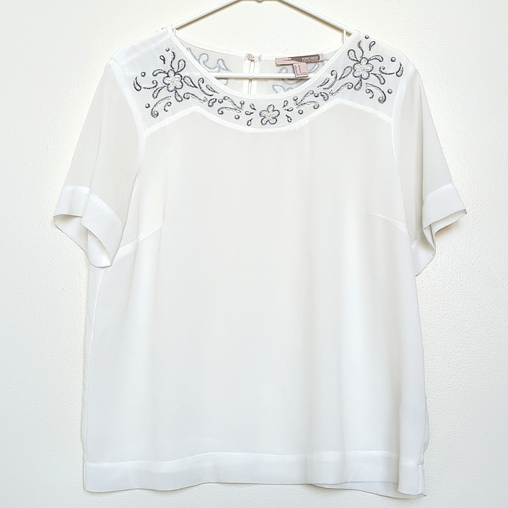 Forever 21 | White Sheer Blouse with Embroidered Beaded Detail